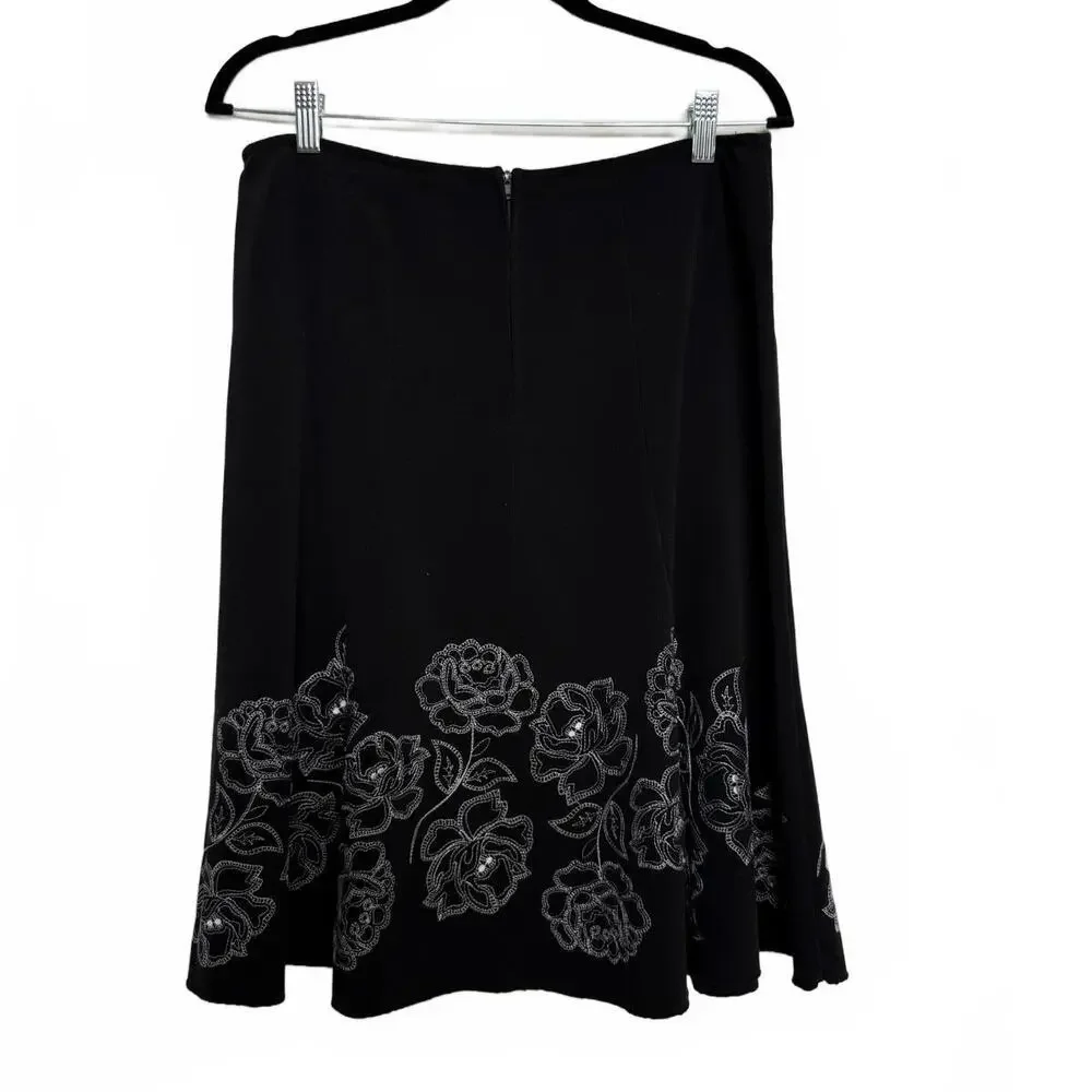 Vintage Black Romantic Skirt with‎ White Embroidered Floral Detail